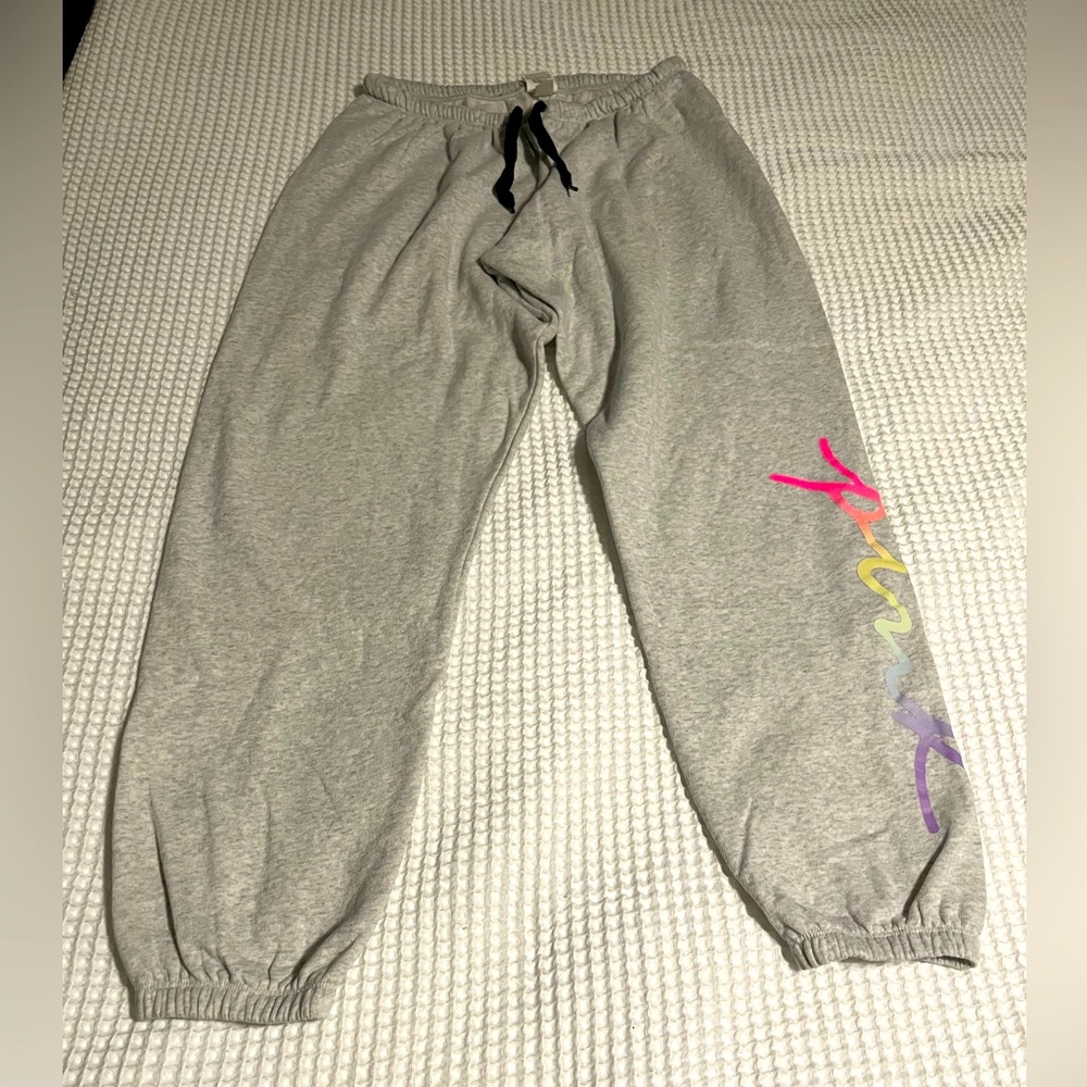 Med - PINK Sweat Pants Light Gray with Rainbow PINK down right leg - Gently Used